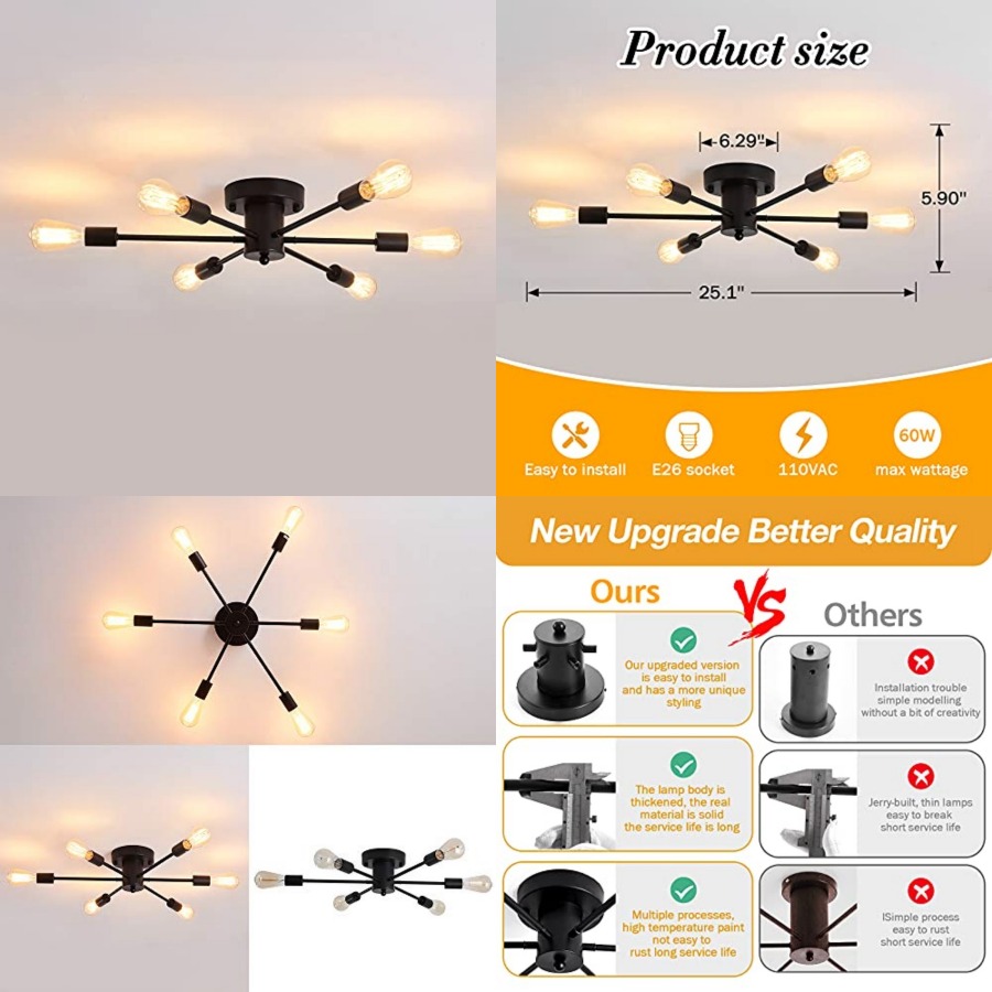 6 Lights Sputnik Semi Flush Mo - Farming & Agriculture Word Stacks ulasan dan harga
